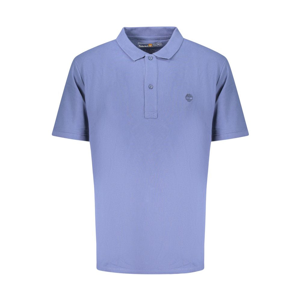 Timberland blue cotton men's polo shirt displayed on a hanger, featuring a collar and button placket for casual style.