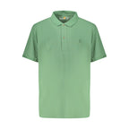 Timberland Verde cotton men's polo shirt with a classic collar and short sleeves, in green color, displayed on a hanger.
