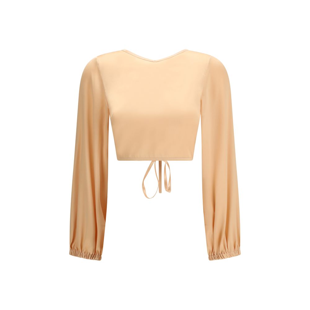 Kristina Ti orange silk blouse with a relaxed fit, featuring a V-neckline and long sleeves, displayed on a hanger.