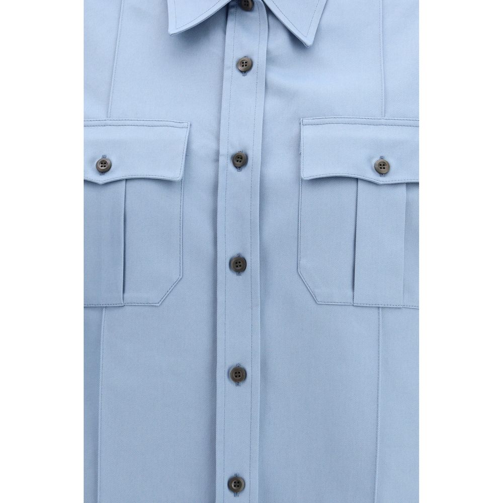 Prada blue cotton shortsleeve shirt with a classic collar and button front, displayed flat on a white background.