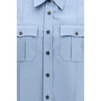 Prada blue cotton shortsleeve shirt with a classic collar and button front, displayed flat on a white background.