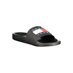 Tommy Hilfiger black polyurethane men's slippers with slip-on design and cushioned insoles, suitable for casual wear.