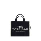 Black cotton Marc Jacobs handbag with structured design and top handles, featuring subtle branding details.