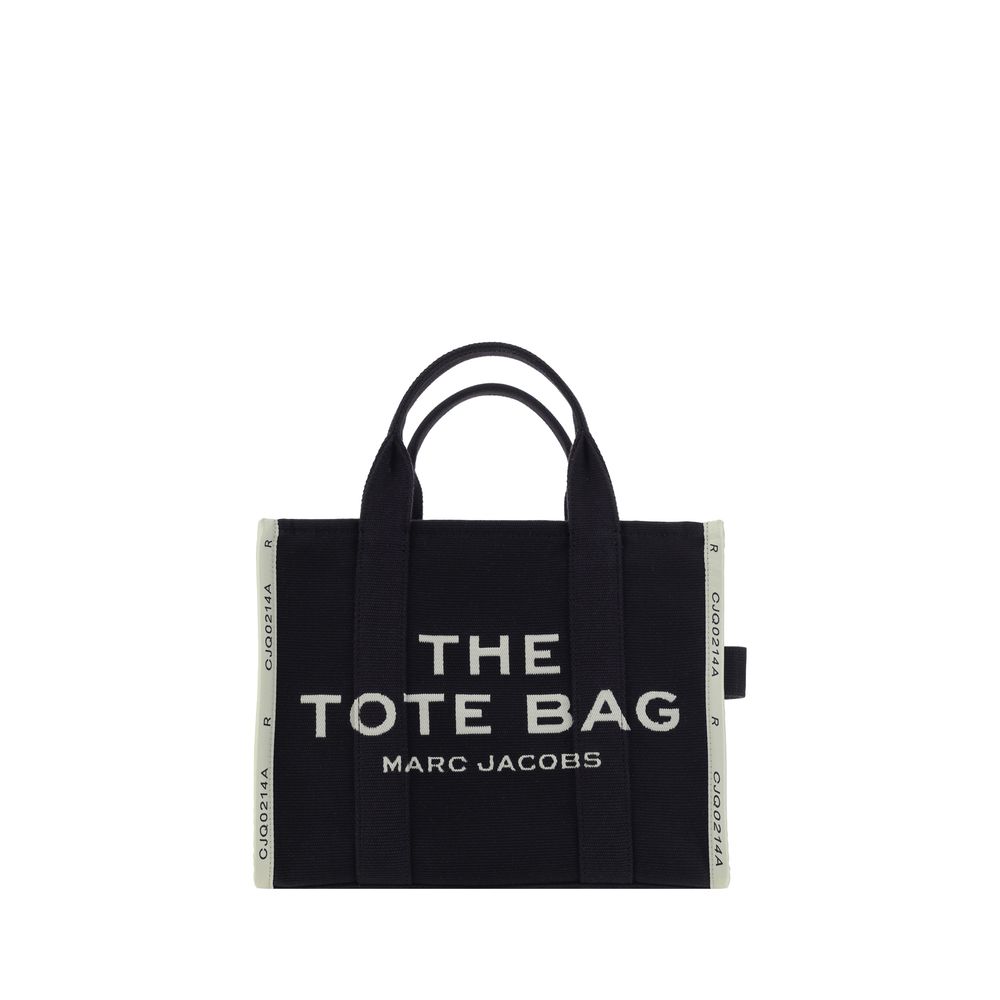 Black cotton Marc Jacobs handbag with structured design and top handles, featuring subtle branding details.