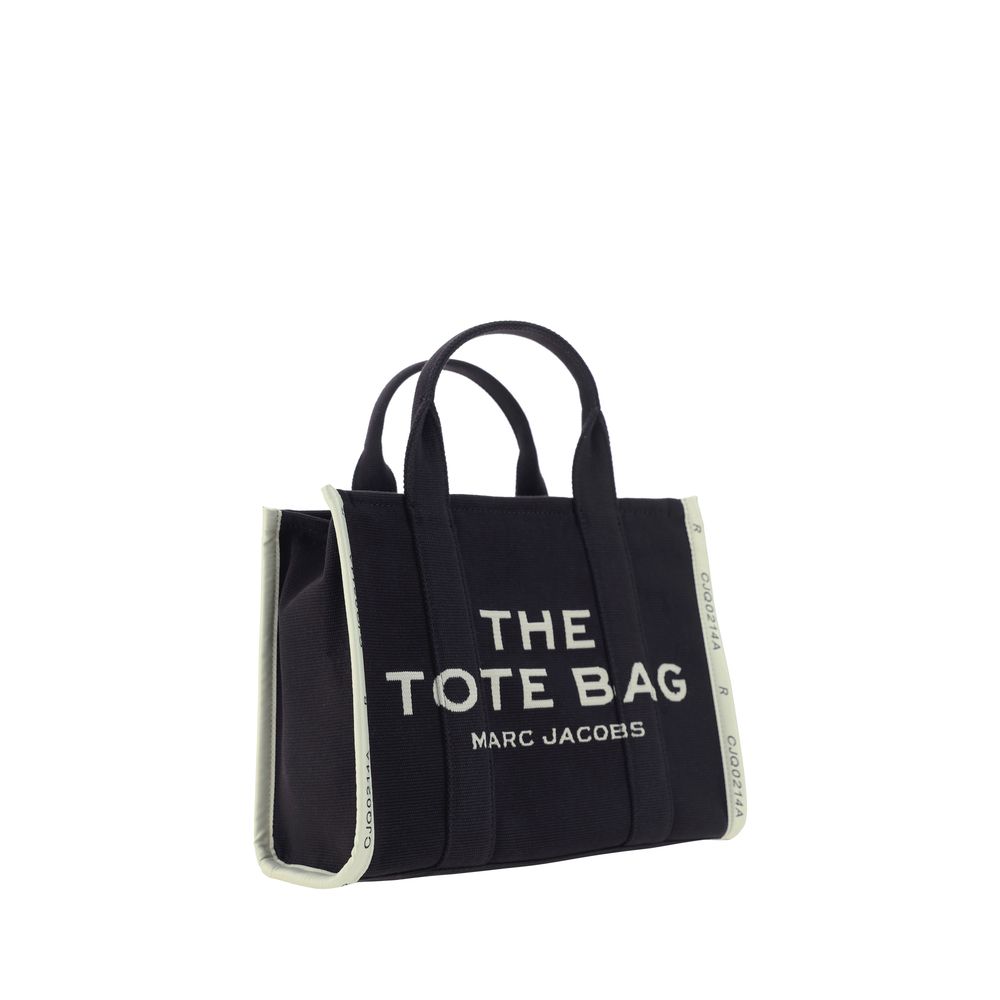 Black cotton Marc Jacobs handbag with sleek design and subtle branding, featuring handles and spacious interior.