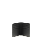 Ferragamo black calf leather Bos Taurus wallet with sleek design and subtle branding, featuring multiple card slots and a cash compartment.