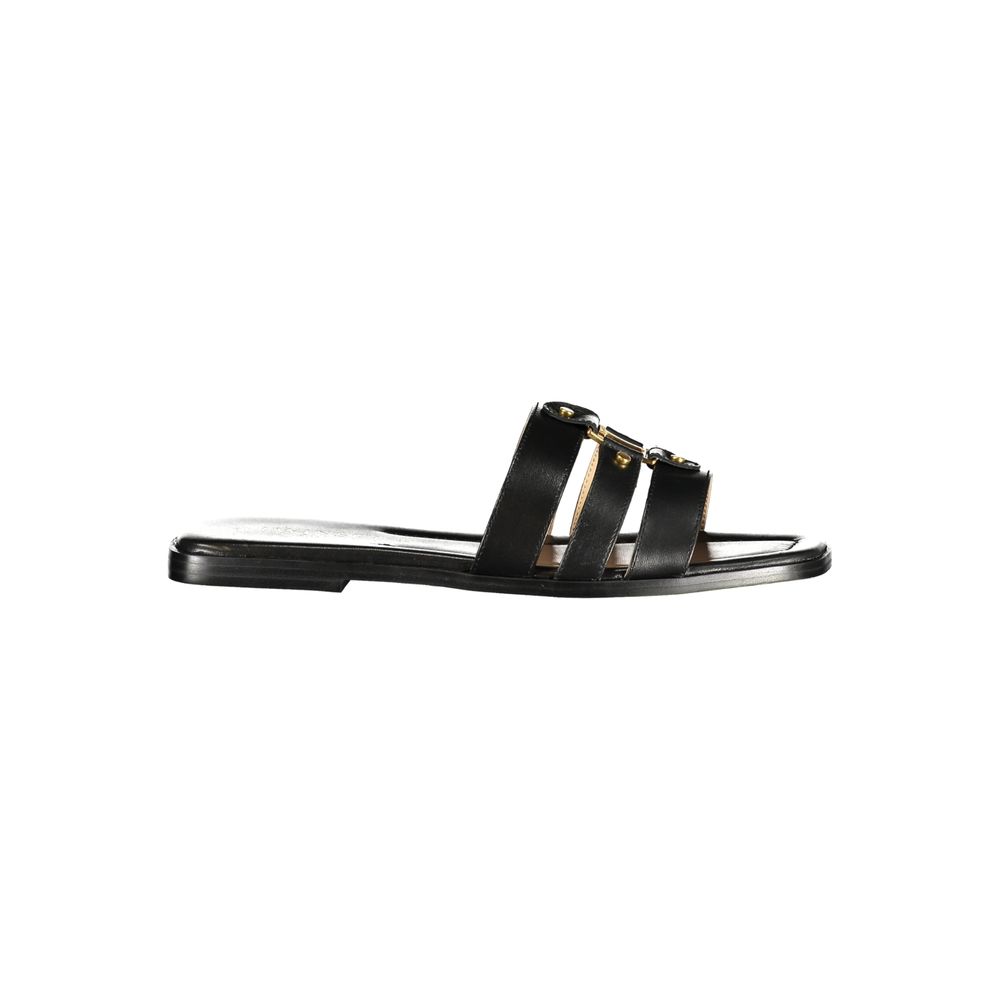 Black leather women's sandal by Twinset featuring a stylish open-toe design and ankle strap.