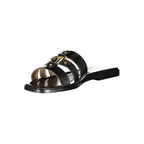 Black leather women's sandal by Twinset featuring a stylish open-toe design and comfortable flat sole.