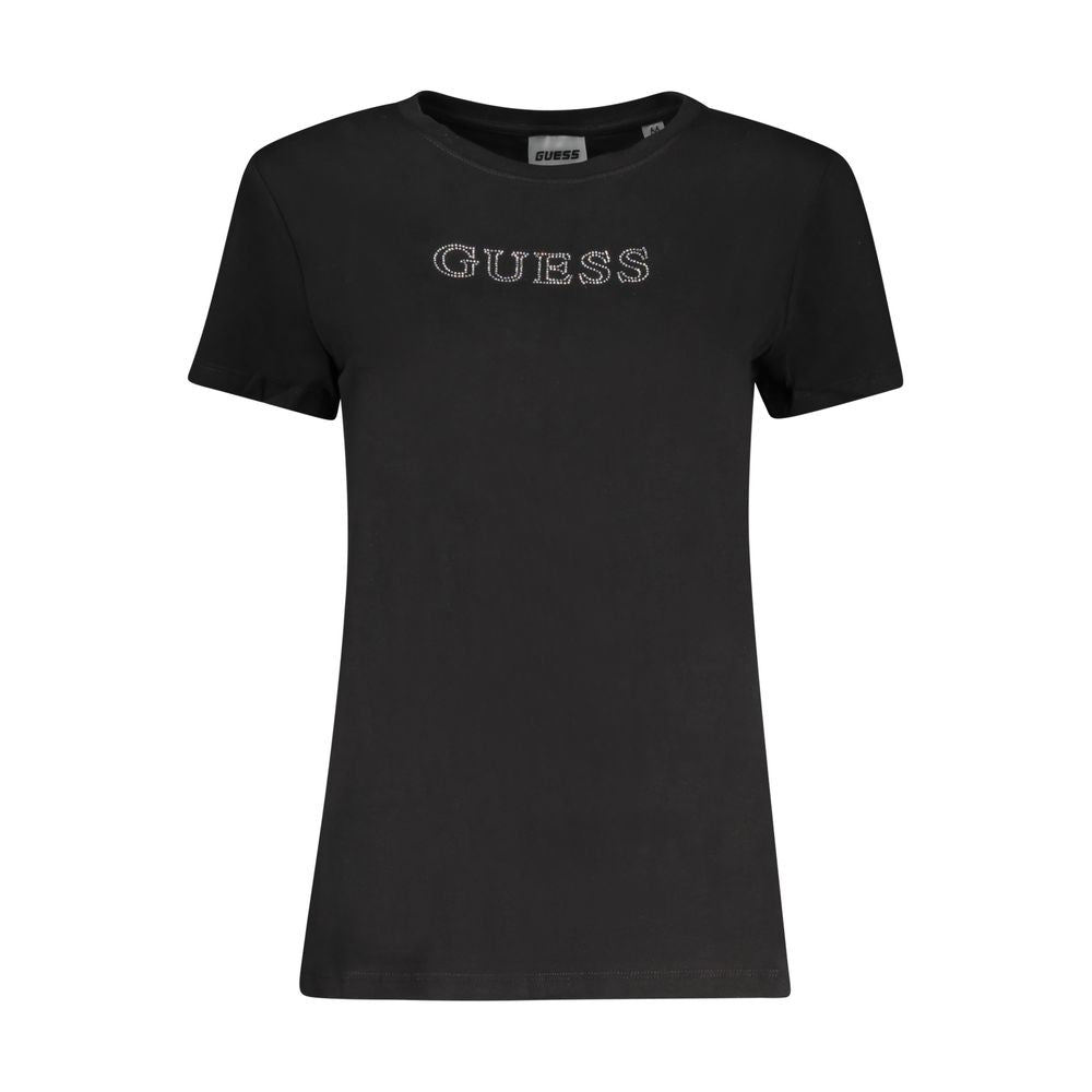 Black cotton women's T-shirt by Guess Jeans with a classic crew neckline and simple, stylish design.