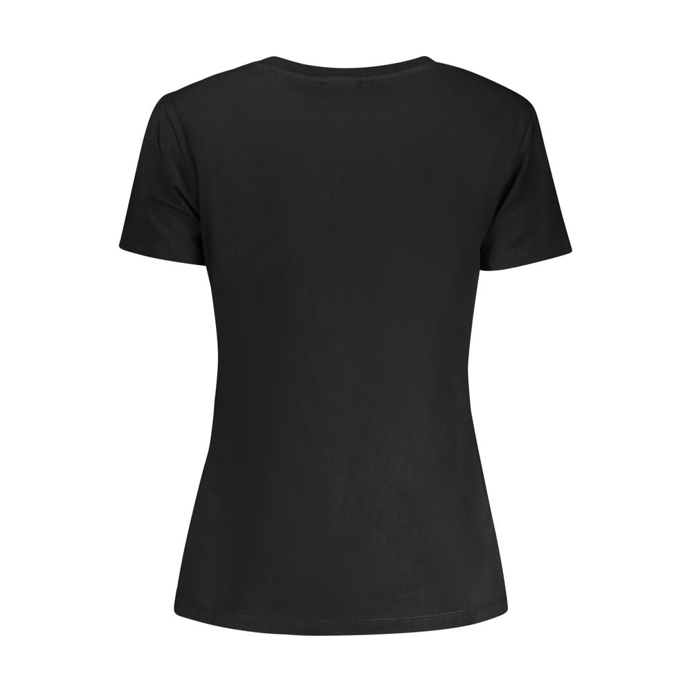 Black Guess Jeans cotton women's T-shirt with a classic crew neck and short sleeves, displayed flat on a white background.