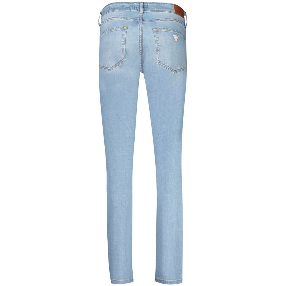 Light blue Guess Jeans Azzurro Lyocell women's skinny jeans shown on a model, highlighting slim fit and casual style.