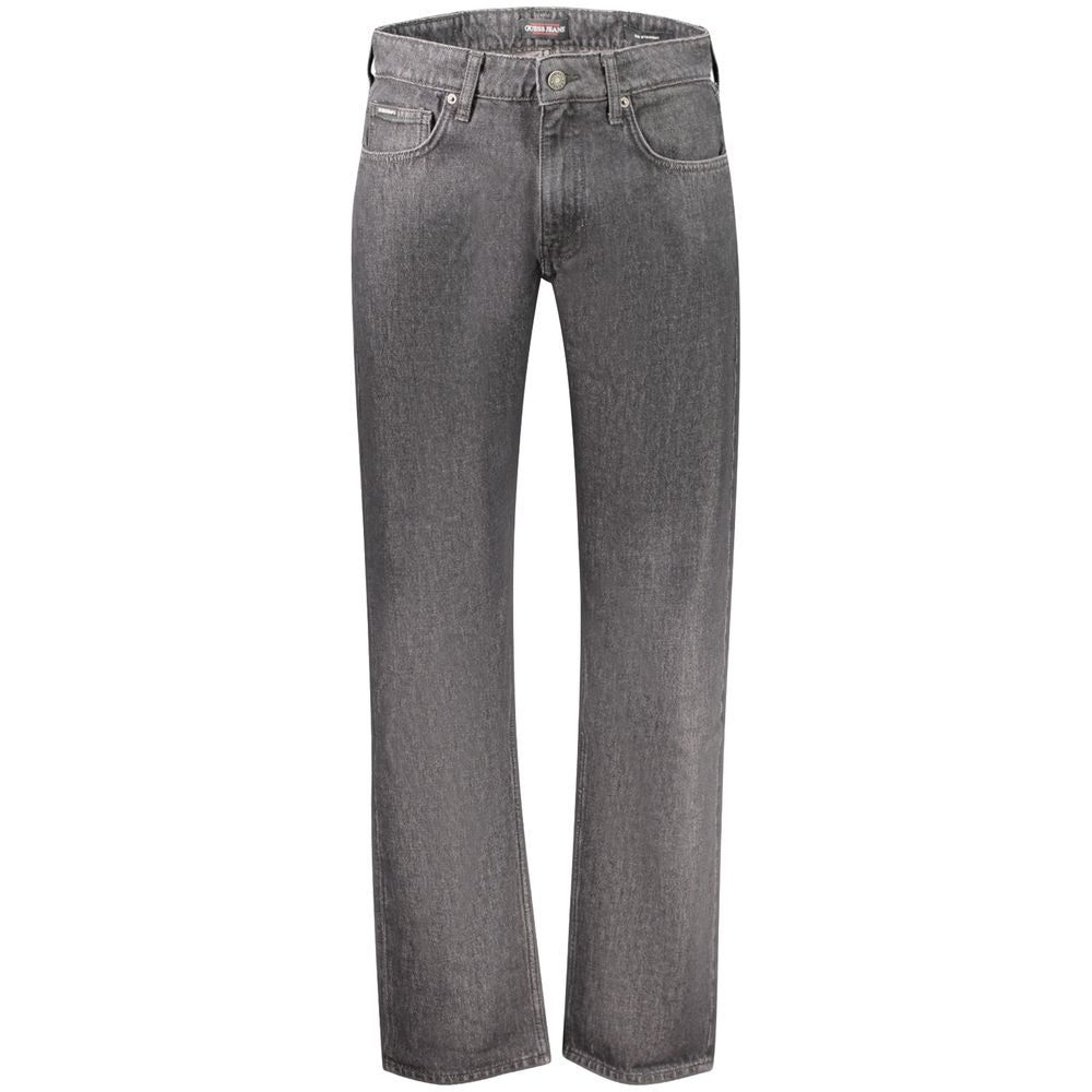 Dark black Guess Jeans men's cotton jeans with classic five-pocket design and slim fit, displayed on a model.
