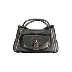 Black Guess Jeans polyurethane women's handbag with sleek design and gold-tone hardware, shown on a plain background.