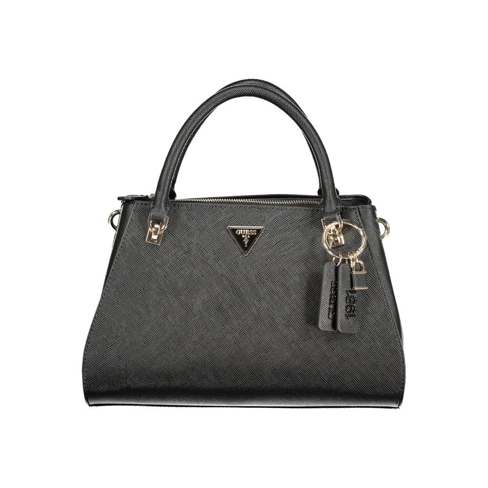 Black Guess Jeans polyurethane women’s handbag with sleek design and gold-tone hardware, featuring a top handle and zip closure.