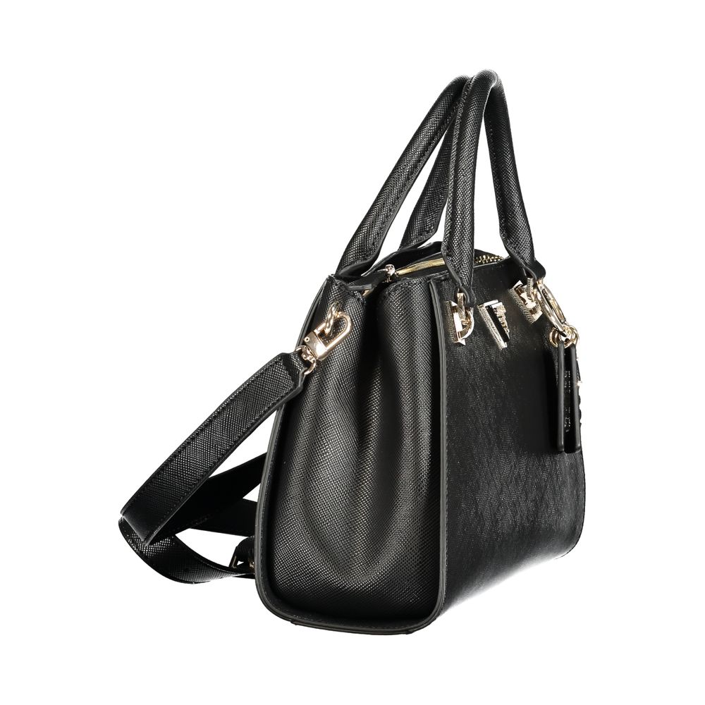 Black Guess Jeans polyurethane women’s handbag with sleek design and silver hardware, featuring a top handle and spacious interior.