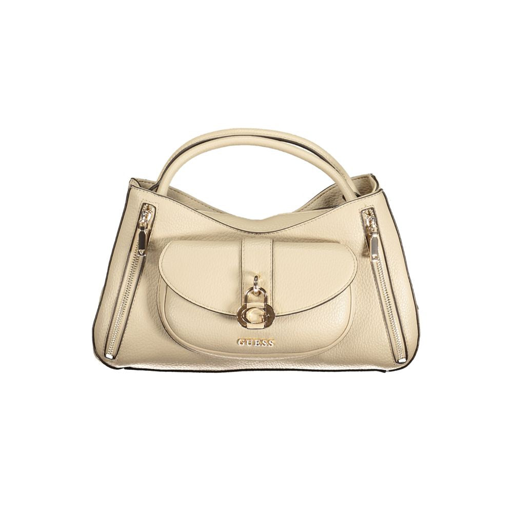 Guess Jeans beige polyurethane women's handbag with sleek design and top handle, featuring subtle branding details.