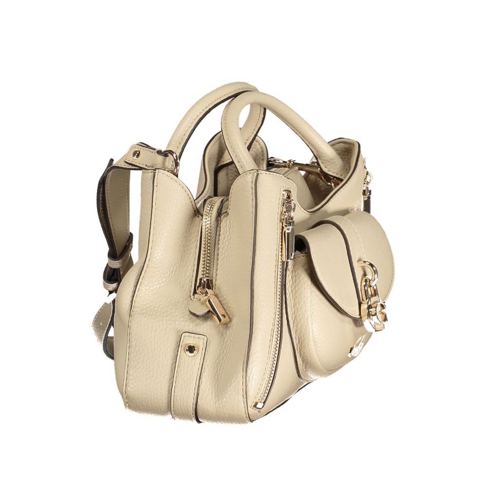 Guess Jeans beige polyurethane women’s handbag with structured design and top handle, featuring sleek style and subtle branding.