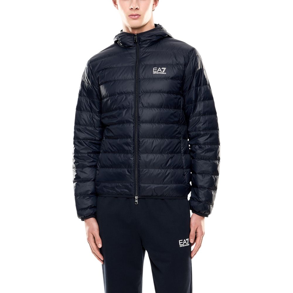 EA7 Emporio Armani blue polyamide shell jacket with front zipper and stand-up collar, shown on a hanger.