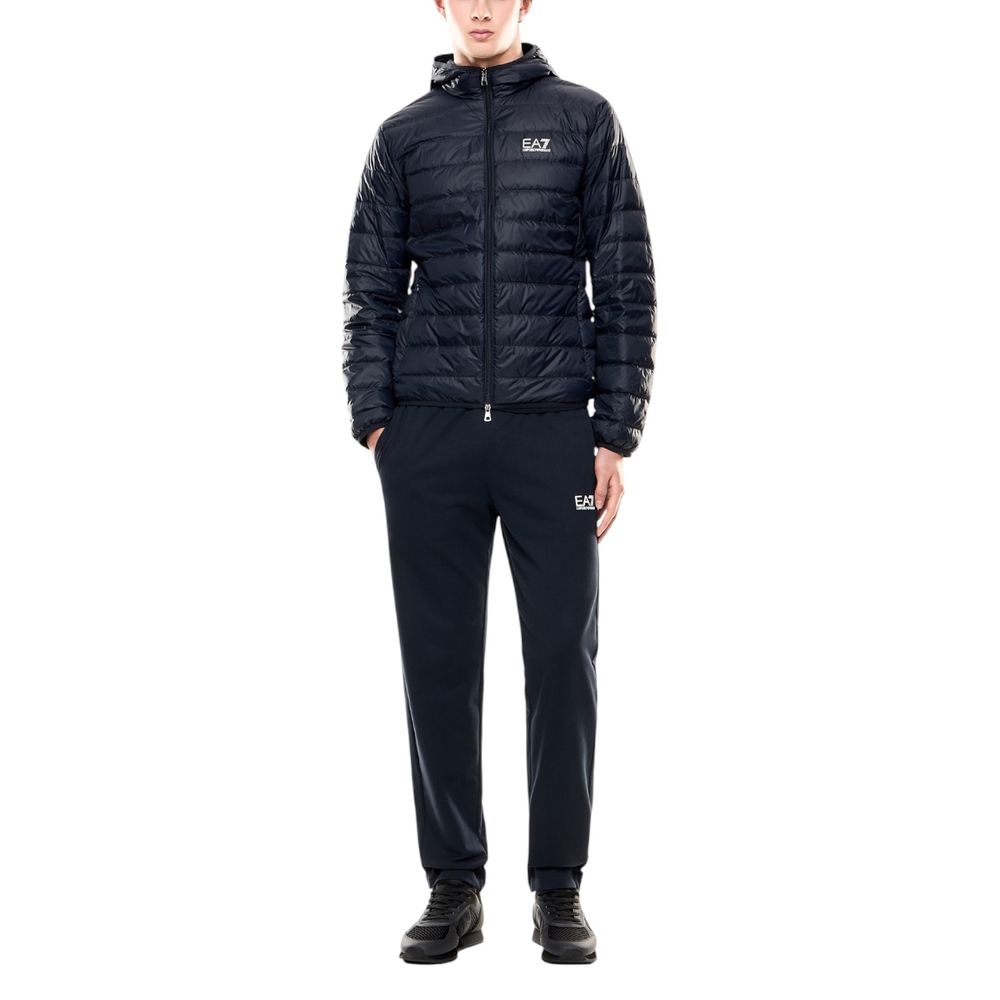 EA7 Emporio Armani blue polyamide shell jacket displayed on a hanger, showcasing its lightweight, water-resistant design.