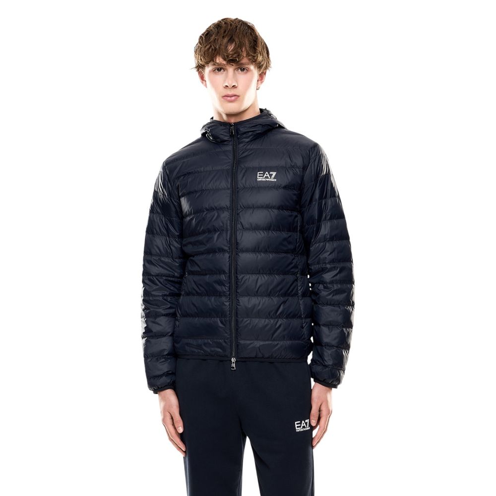 EA7 Emporio Armani blue polyamide shell jacket shown hanging, featuring a lightweight design with a stand-up collar and zip closure.