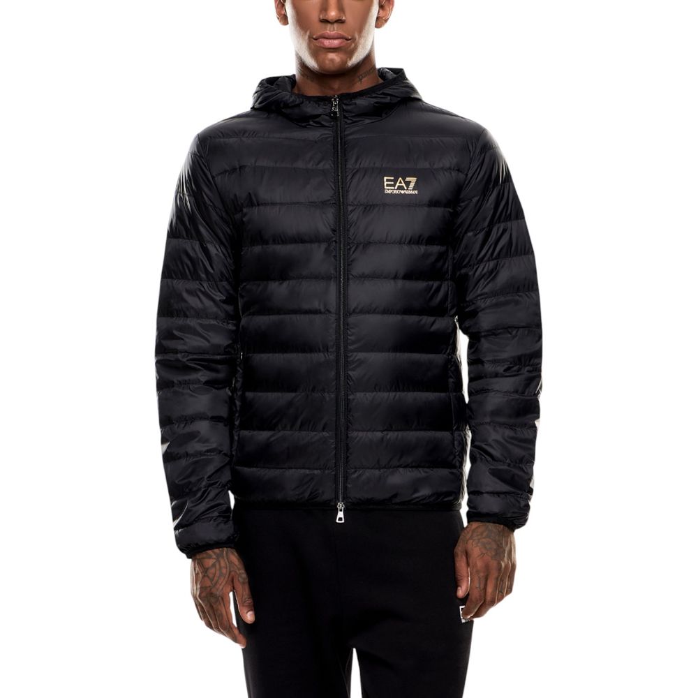 EA7 Emporio Armani bicolor polyamide full-length jacket shown on a model, featuring a sleek modern design and full-zip front.
