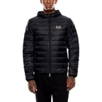 EA7 Emporio Armani bicolor polyamide full-length jacket shown on a model, featuring a sleek modern design and full-zip front.