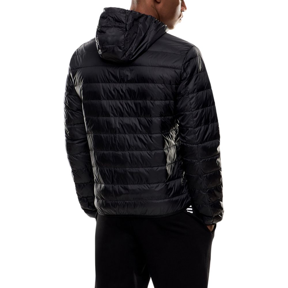 EA7 Emporio Armani bicolor polyamide full-length jacket with front zipper and stand collar, designed for modern style and comfort.