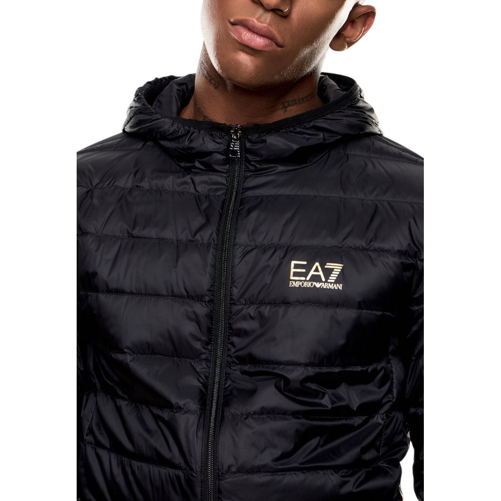 EA7 Emporio Armani bicolor polyamide full-length jacket shown in black and gray, with front zipper and hood.