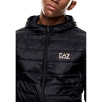 EA7 Emporio Armani bicolor polyamide full-length jacket shown in black and gray, with front zipper and hood.