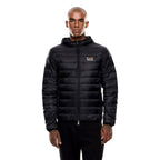 EA7 Emporio Armani bicolor polyamide full-length jacket hanging on a hanger, showcasing a sleek, modern design and lightweight fabric.