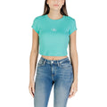 Calvin Klein Jeans turquoise cotton T-shirt with crew neck and short sleeves, casual style for everyday wear.