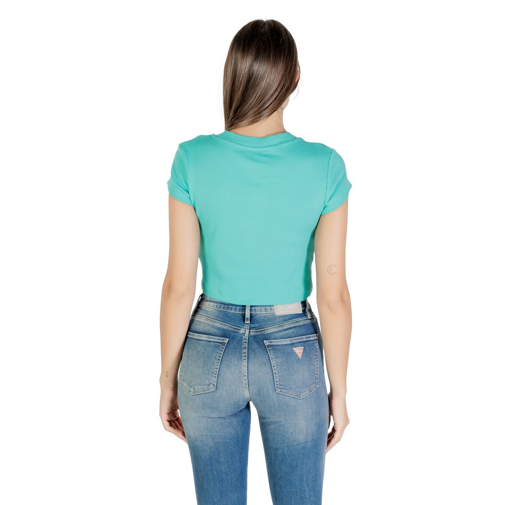 Calvin Klein Jeans turquoise cotton T-shirt with round neckline and short sleeves, casual style for everyday wear.