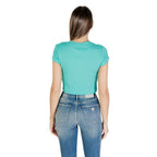 Calvin Klein Jeans turquoise cotton T-shirt with round neckline and short sleeves, casual style for everyday wear.
