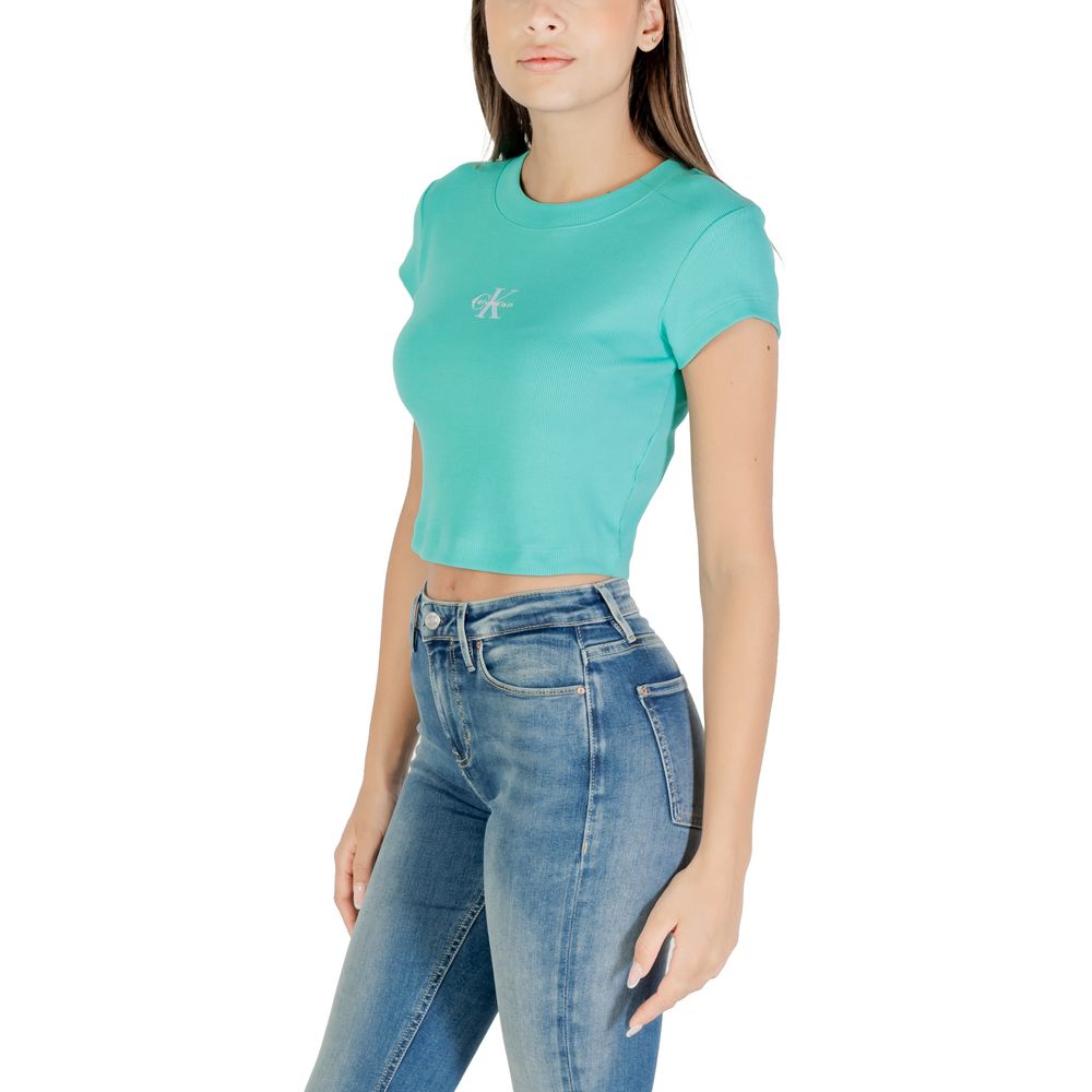 Calvin Klein Jeans turquoise cotton T-shirt with crew neck and short sleeves, casual men's or women's apparel.