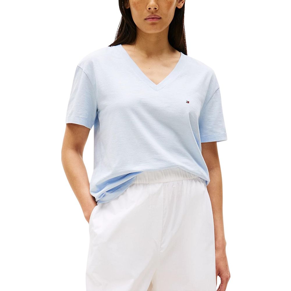 Tommy Hilfiger blue organic cotton T-shirt with round neckline and short sleeves, casual and comfortable for everyday wear.