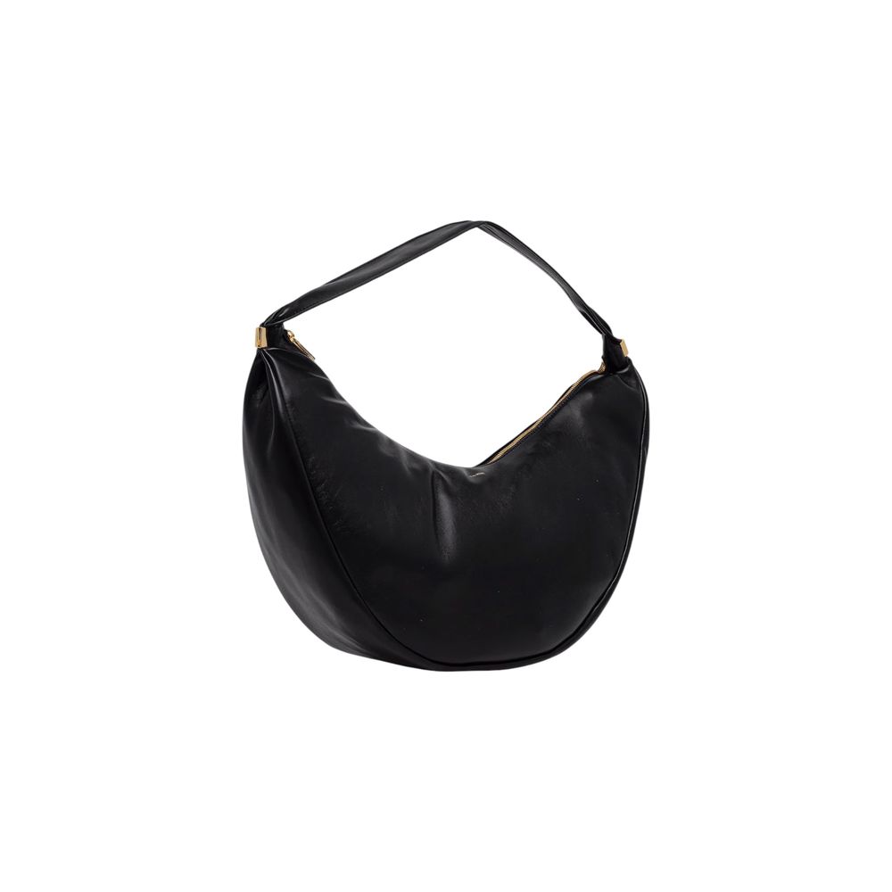 Black Calvin Klein polyethylene handbag with sleek design and top handles, featuring subtle branding and a modern, minimalist style.