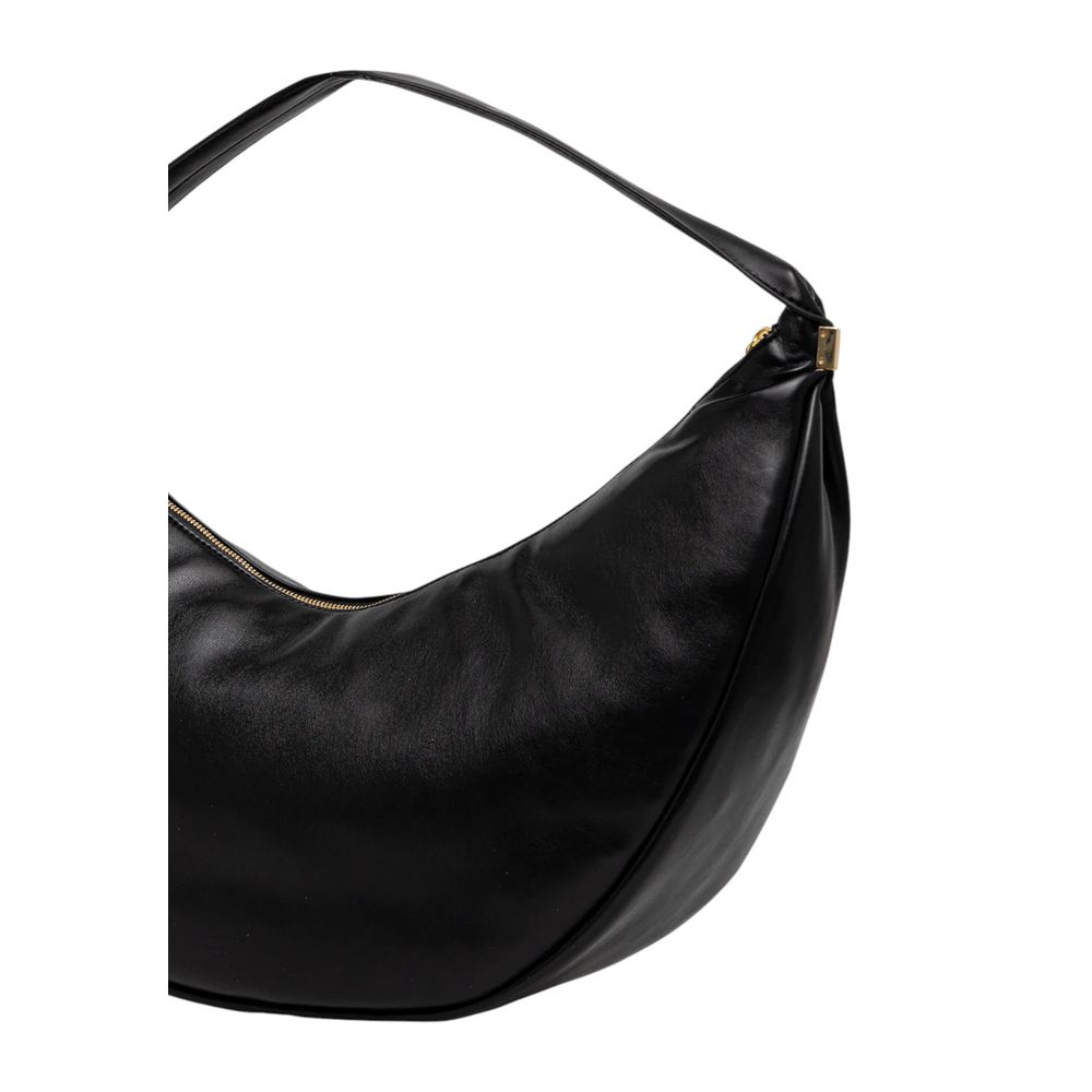 Calvin Klein black polyethylene handbag with sleek design and silver hardware, featuring handles and a spacious interior.