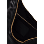 Black Calvin Klein polyethylene handbag with sleek design and gold-tone hardware, featuring top handles and a spacious interior.