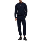 Blue EA7 Emporio Armani cotton sweatshirt with crew neck and logo detail, displayed on a hanger.