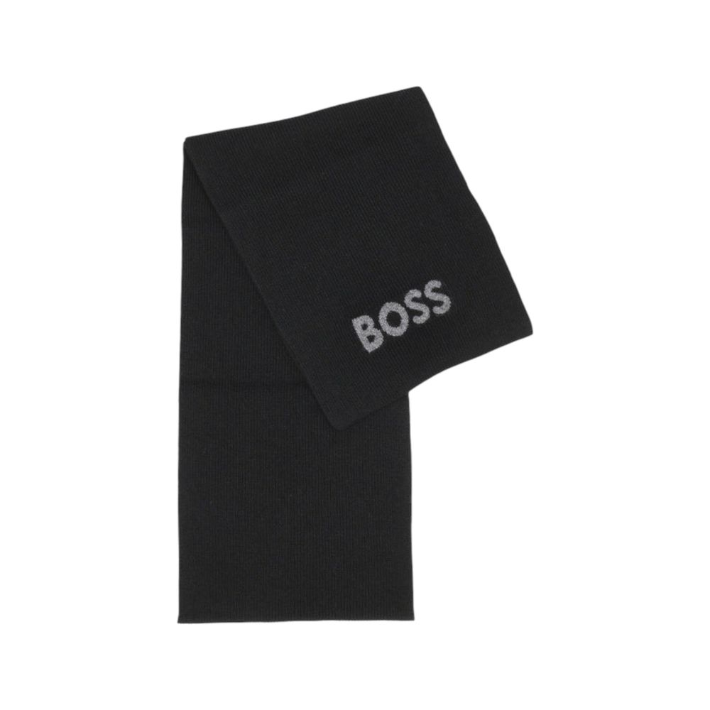Hugo Boss black polyacrylic scarf with a soft knit texture, styled for a casual winter look.