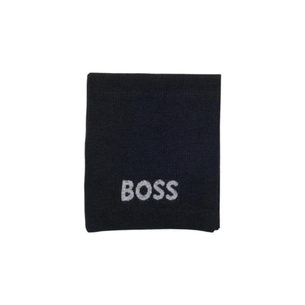 Hugo Boss black polyacrylic scarf with a smooth knit texture, versatile accessory for stylish cold-weather outfits.
