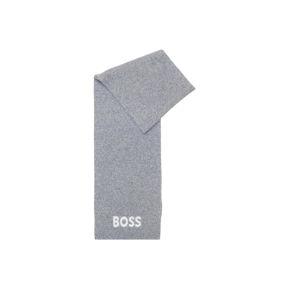 Hugo Boss gray polyacrylic scarf with soft knit texture, stylish and warm accessory for cold weather.