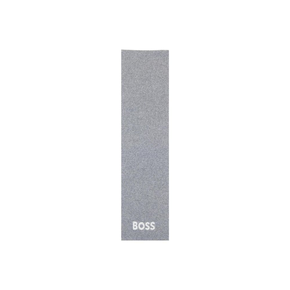 Hugo Boss gray polyacrylic scarf displayed flat, showcasing its soft fabric and classic design for stylish winter wear.