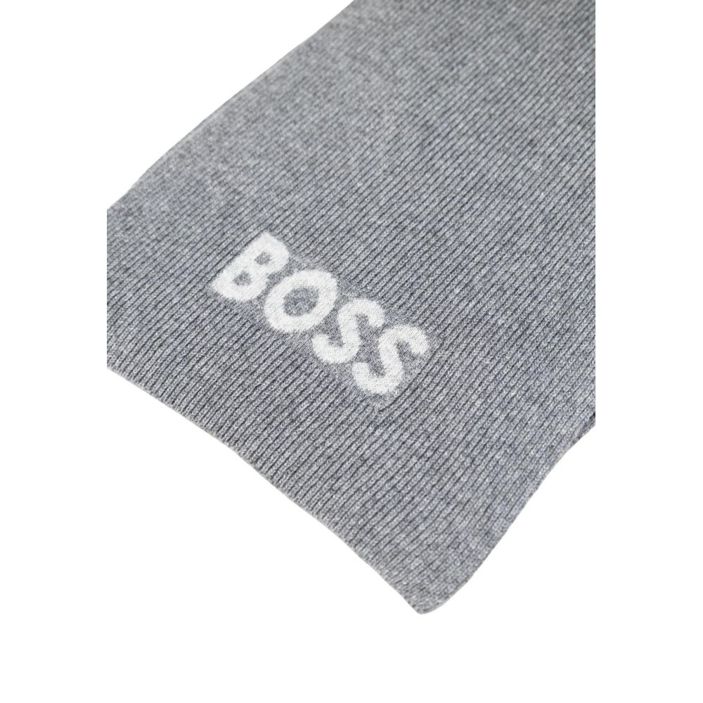 Gray Hugo Boss polyacrylic scarf with subtle texture, styled for warmth and elegance, displayed on a neutral background.