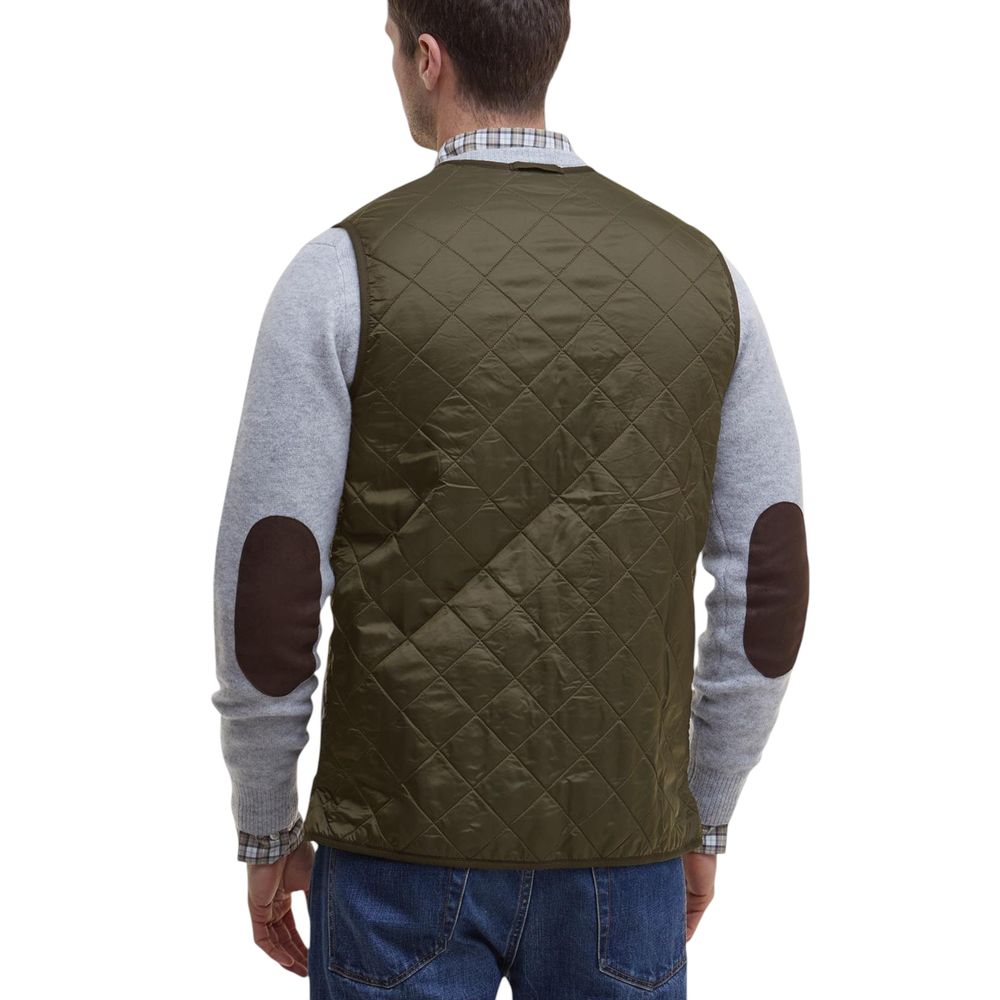 Barbour green polyamide sleeveless jacket with stand collar and front zipper, lightweight outdoor vest.