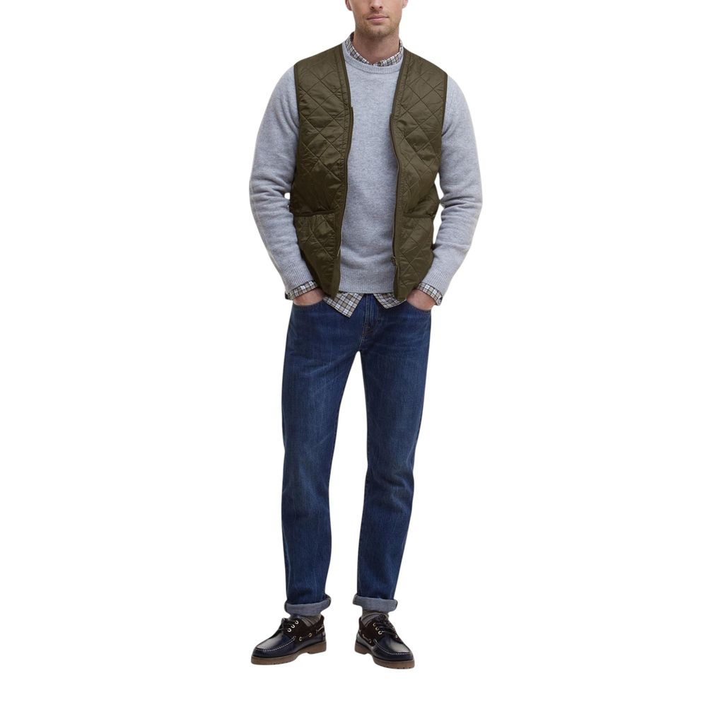 Barbour green polyamide sleeveless jacket displayed on a hanger, showcasing lightweight, water-resistant outdoor style.
