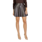 Brown recycled polyester mini skirt from Only, showing a close-up of the high-waisted design and smooth fabric texture.
