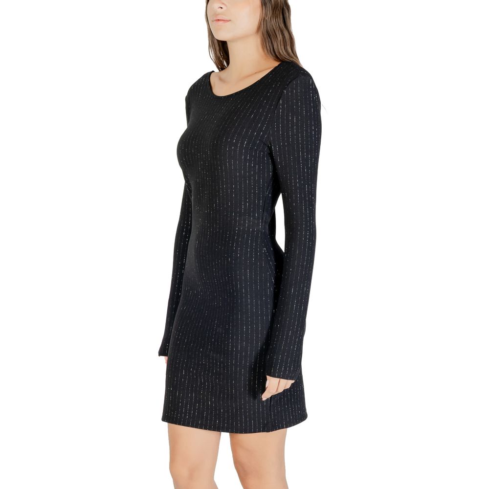 Black polyester short dress by Jacqueline De Yong, featuring a stylish, fitted design with a round neckline and short sleeves.