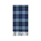Barbour blue wool scarf with fringed edges, showcasing a soft, cozy texture and classic plaid pattern for stylish warmth.