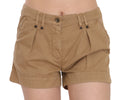 Brown PLEIN SUD mid-waist cotton mini shorts with front pockets and a casual fit, perfect for warm weather wear.